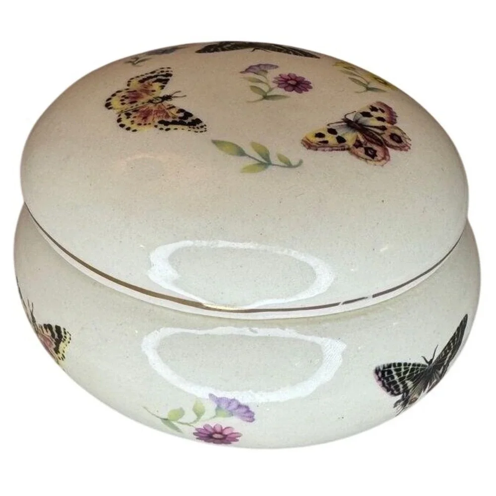 Vintage Butterfly‎ Floral Ceramic Trinket Box Cream Porcelain Jewelry Jar 4